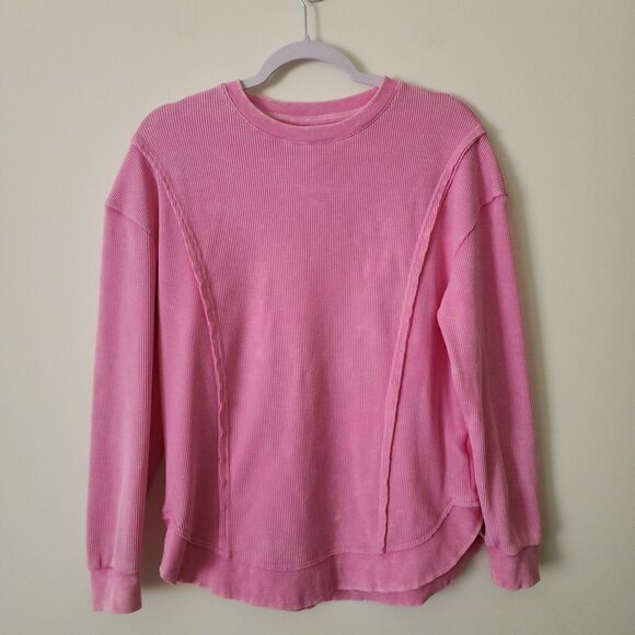 Sunnyside by Sundry Waffle-Knit Lounge Top Fuschia Pink Distressed Womens Size S - Picture 1 of 7